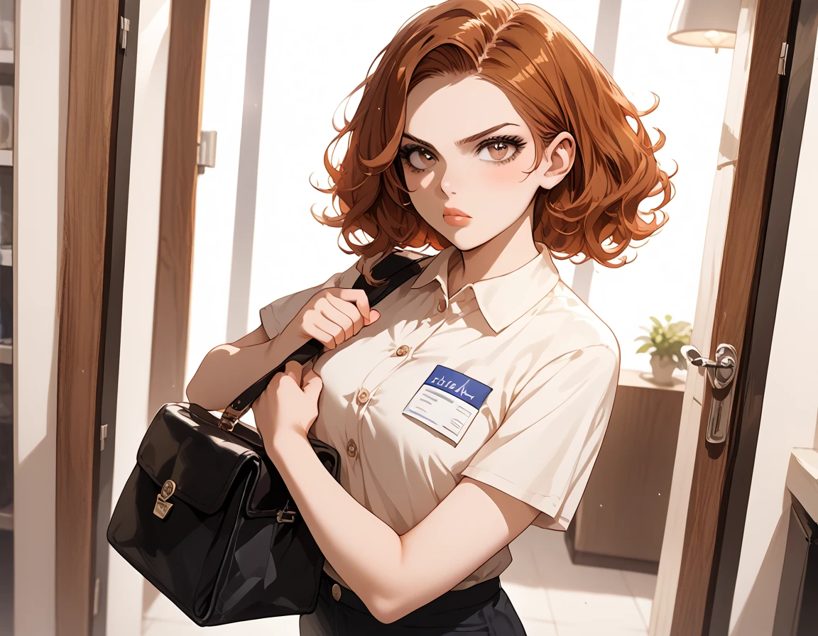 {{score_9, score_8_up, score_7_up, source_anime, rating_safe}} soft shading, 1girl, auburn hair, straight hair, lips, brown eyes, employee shirt, denin pants, annoyed, carrying a satchel, standing at a a front door, looking at the viewer.