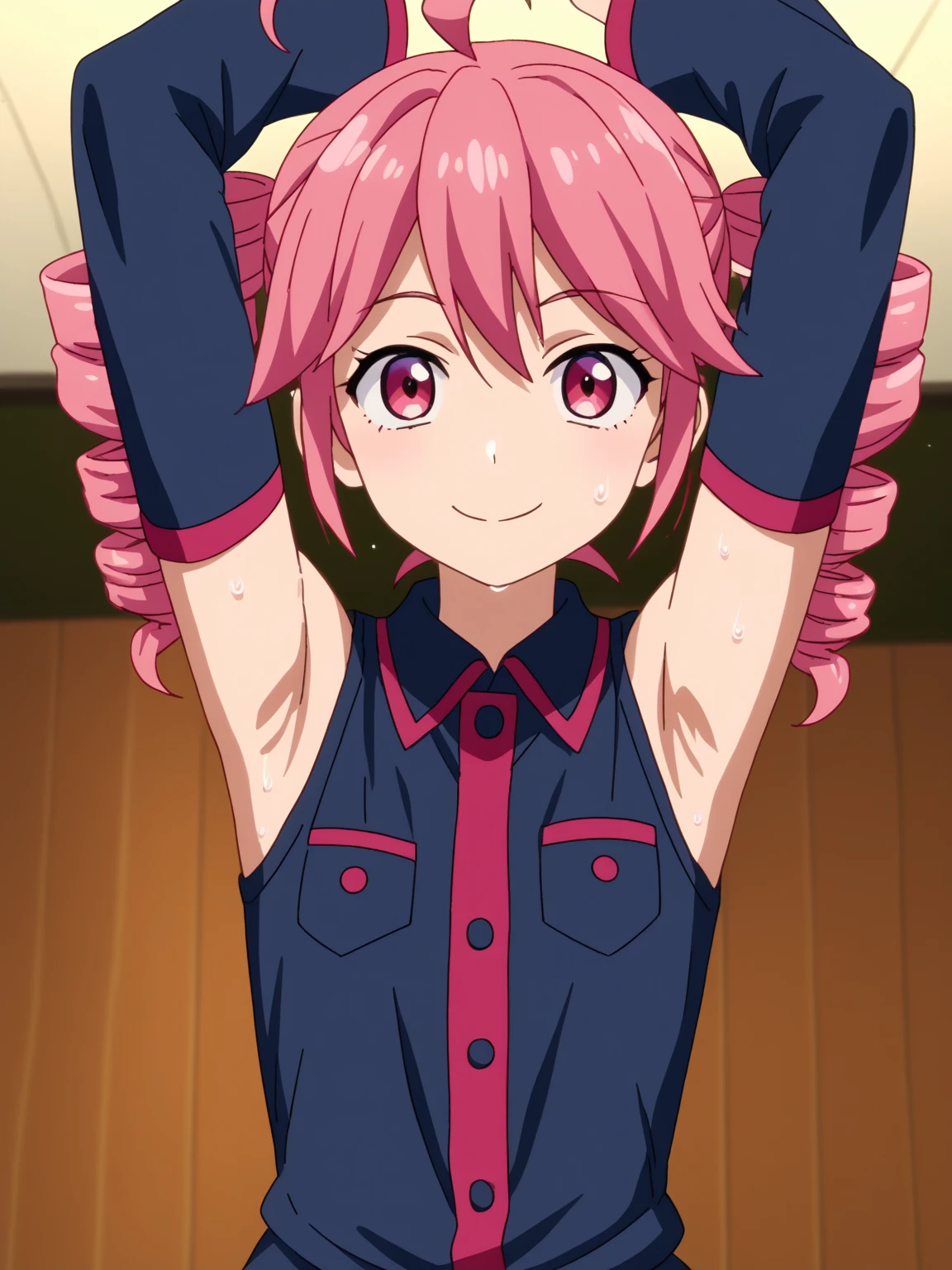 score_9, score_8_up, score_7_up, source_anime, anime screencap, 1girl, solo, teto kasane, ahoge, pink eyes, drill hair, pink hair, detached sleeves, shirt, black shirt, collared shirt, arms up, raised arms, armpits, from above, looking at viewer, head towards viewer, smile, closed mouth, badhandv4, indoors, on stage, sweaty armpits, sweating