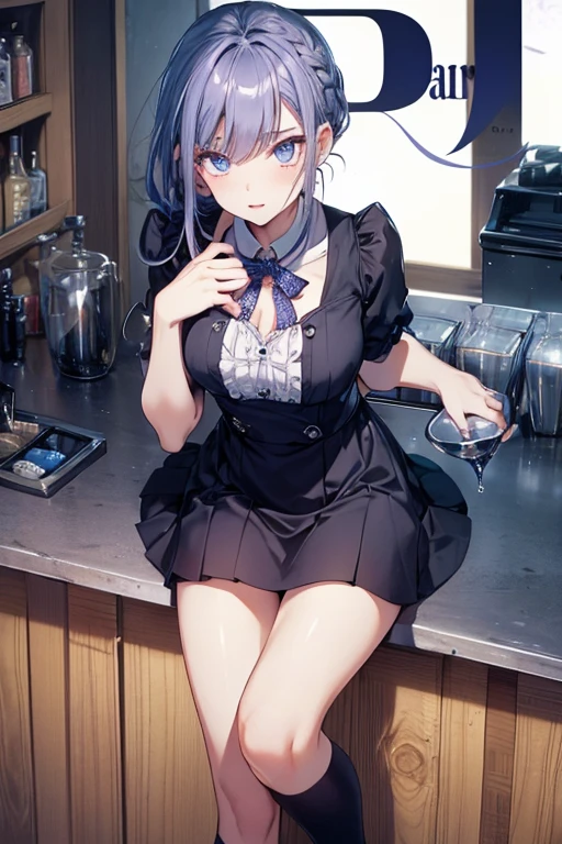 Young girl with blue hair,short straight hair and short bangs (purple eyes),, ((small bushy eyebrows)), wearing gothic lolita clothing, lolicon , large breast, breasts out of blouse, walking to school, bored look, bored face, , suddenly having sex in public, ((doggy style sex)), ((public sex in a restaurant)) naked ass in the male crotch, perfect anatomy, young boy fucking her
