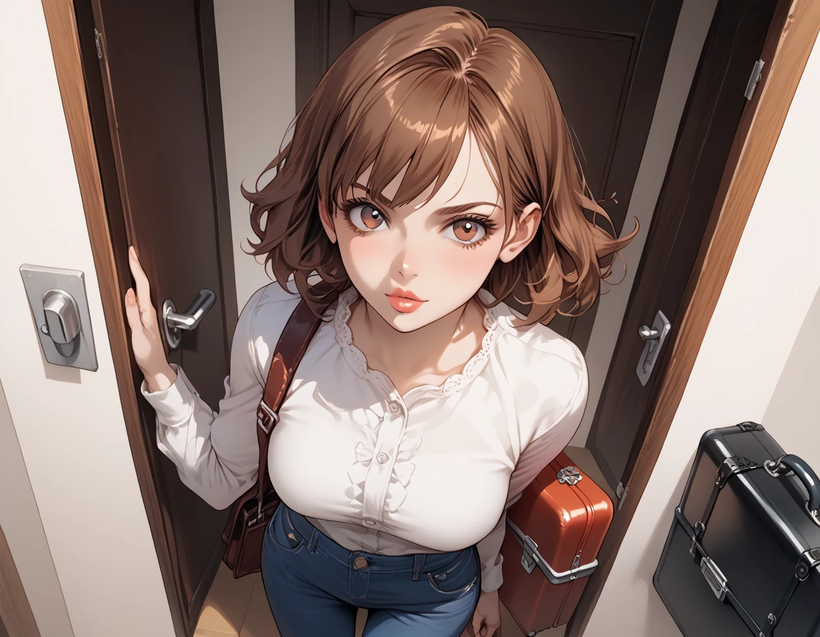 {{score_9, score_8_above, score_7_above, source_anime, Assessment_ sure}}  soft shading , 1 ,  reddish-brown hair, straight hair, lips,  brown eyes , , jeans pants, irritated, carrying a briefcase ,  standing at the front door ,  looking at the viewer.