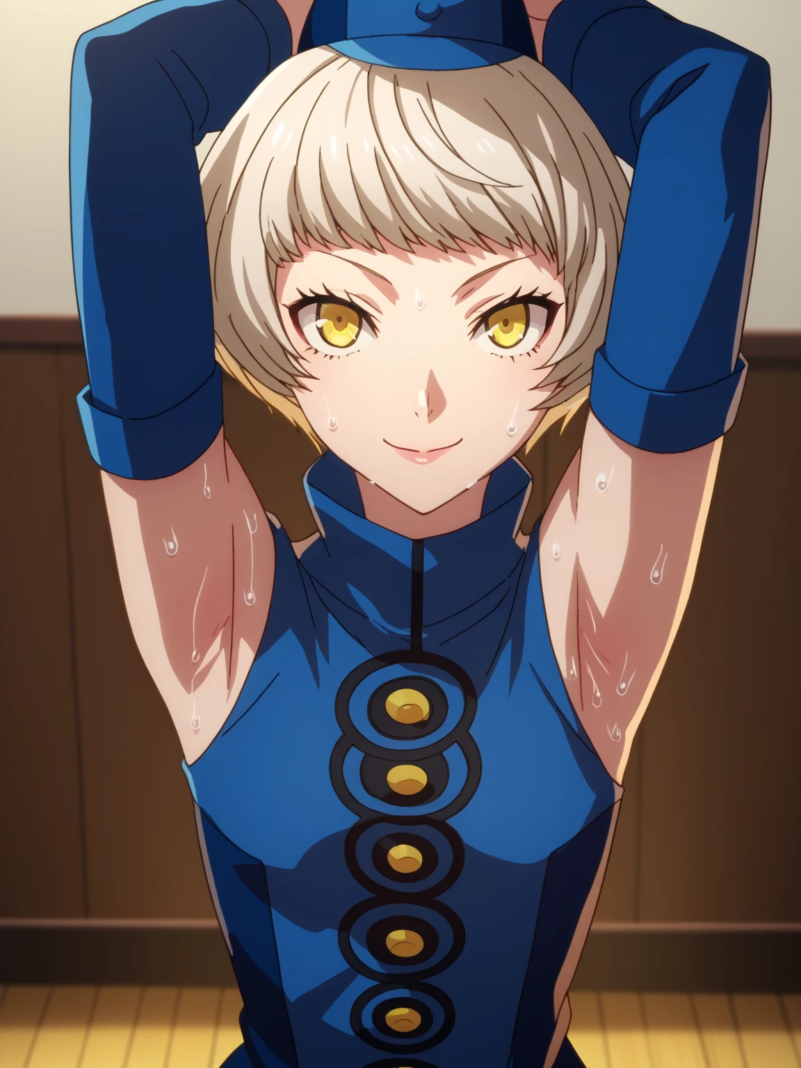 score_9, score_8_up, score_7_up, source_anime, anime screencap, 1girl, solo, elizabeth from persona 3, blue hat, yellow eyes, short hair, white hair, detached sleeves, shirt, blue shirt, turtleneck shirt, arms up, raised arms, armpits, from above, looking at viewer, head towards viewer, smile, closed mouth, badhandv4, indoors, on stage, sweaty armpits, sweating