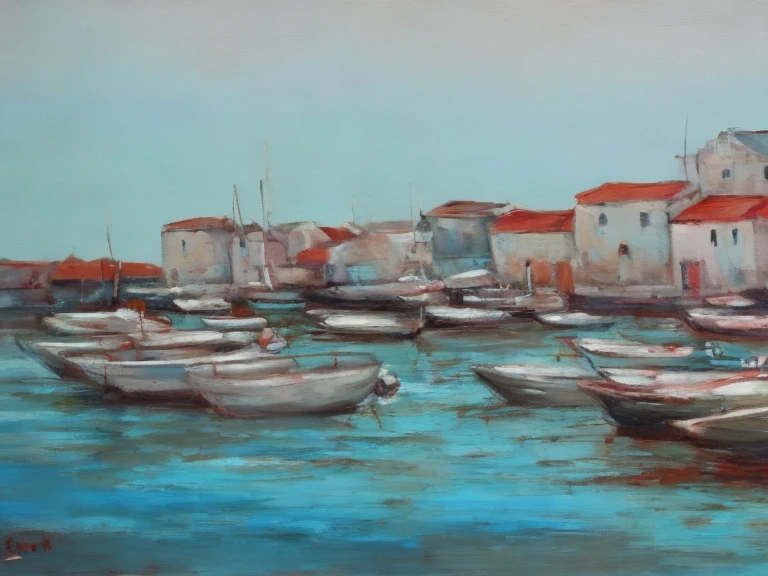  oil on canvas , made with some  ,   of a fishing port ,  weak spots and artistic blur, gray sketch  , coral, Turquesa, red,   masterpiece , Detail, impressionism.