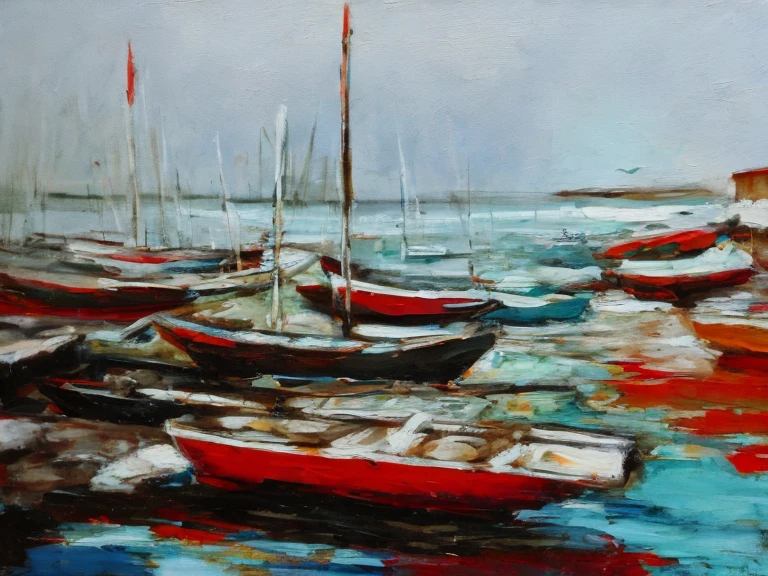  oil on canvas , made with some  ,   of a fishing port ,  weak spots and artistic blur, gray sketch  , coral, Turquesa, red,   masterpiece , Detail, impressionism.