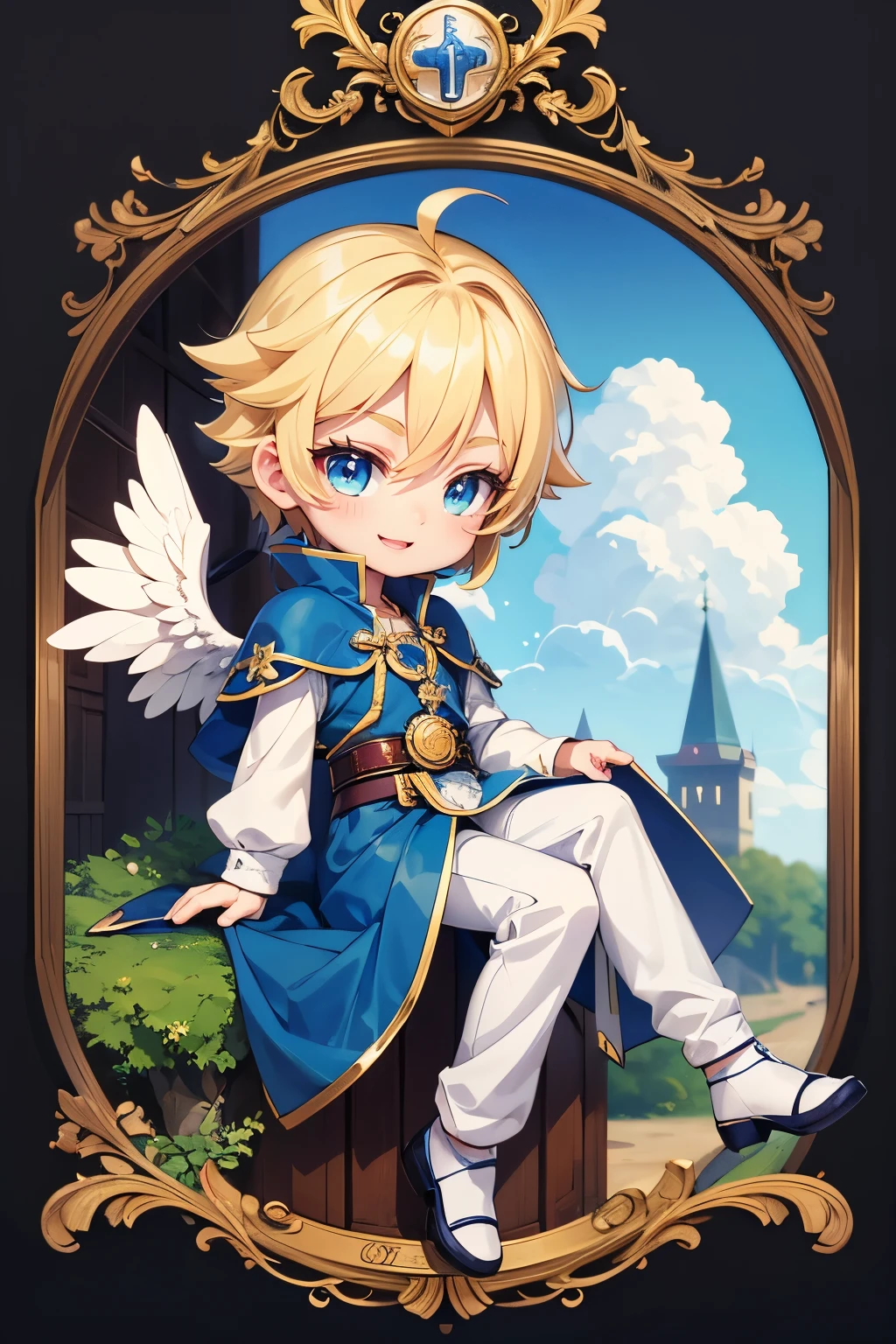 image of a chibi anime character for keychains, cute character , Boy gender male, blonde with blue eyes, with white wings on its back, dressed in prince's clothes, medieval clothes , fancy, sitting on a cloud