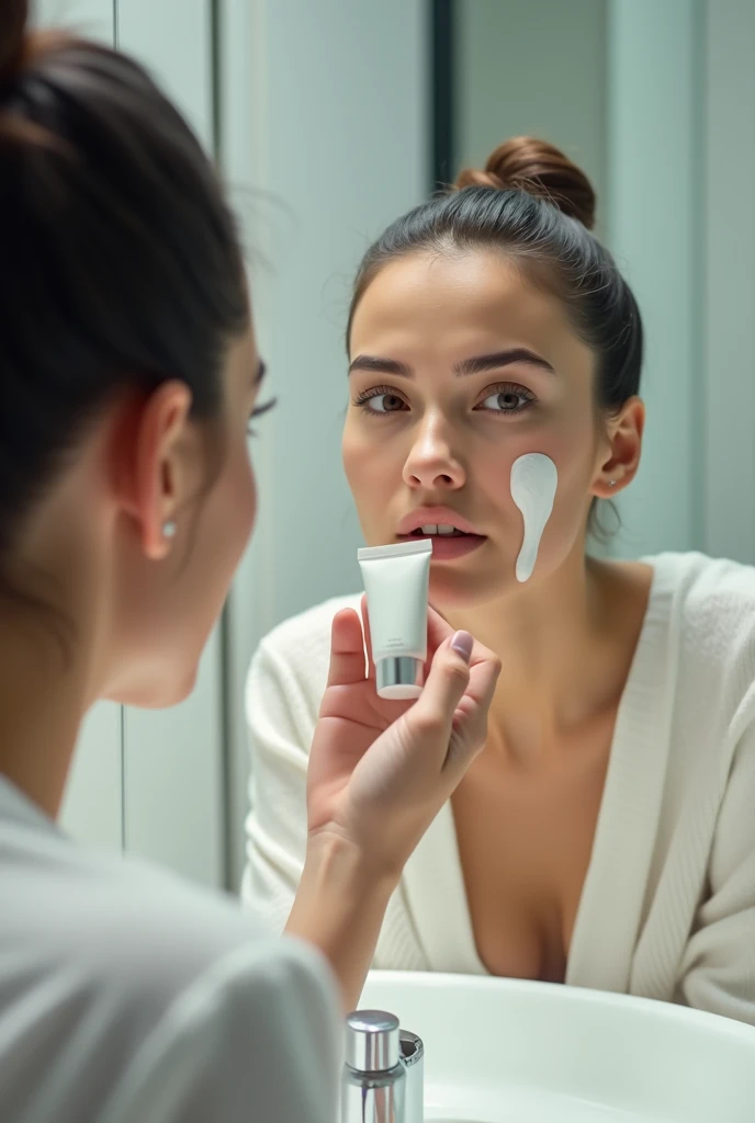 Crie uma imagem de uma mulher lavando o rosto com um produto de limpeza facial