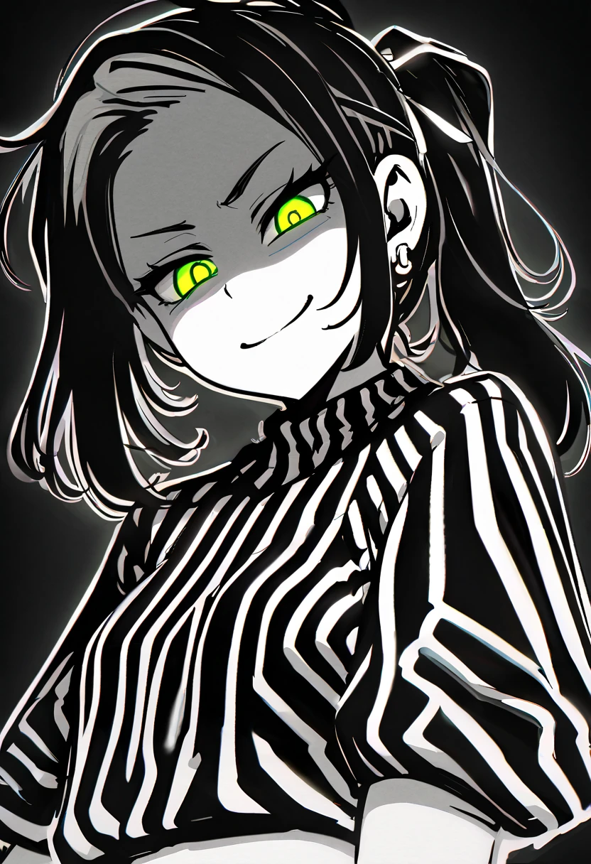 masterpiece, best quality, monochrome, greyscale, ebiblue, gesugao, kawakami mai, 1girl, glowing green eyes, black hair, ponytail , (glowing eyes:0.5), earrings, smile, striped shirt, upper body, looking at viewer, (black background, simple background:1.3), white outline, spot colors, shaded face