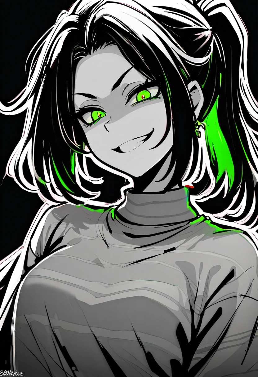 masterpiece, best quality, monochrome, greyscale, ebiblue, gesugao, kawakami mai, 1girl, glowing green eyes, black hair, ponytail , (glowing eyes:0.5), earrings, smile, striped shirt, upper body, looking at viewer, (black background, simple background:1.3), white outline, spot colors, shaded face