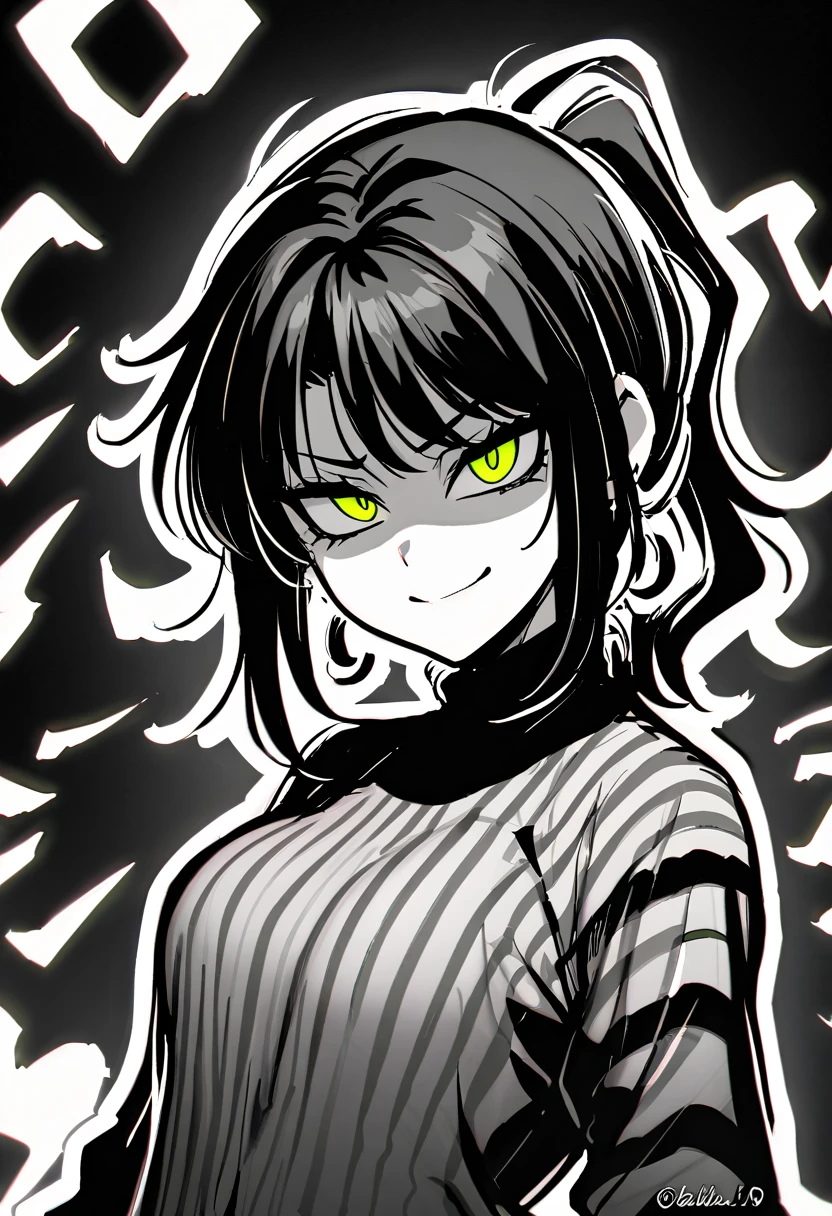 masterpiece, best quality, monochrome, greyscale, ebiblue, gesugao, kawakami mai, 1girl, glowing green eyes, black hair, ponytail , (glowing eyes:0.5), earrings, smile, striped shirt, upper body, looking at viewer, (black background, simple background:1.3), white outline, spot colors, shaded face