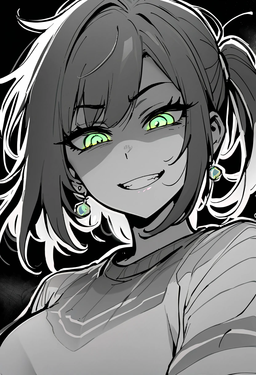 masterpiece, best quality, monochrome, greyscale, ebiblue, gesugao, kawakami mai, 1girl, glowing green eyes, black hair, ponytail , (glowing eyes:0.5), earrings, smile, striped shirt, upper body, looking at viewer, (black background, simple background:1.3), white outline, spot colors, shaded face