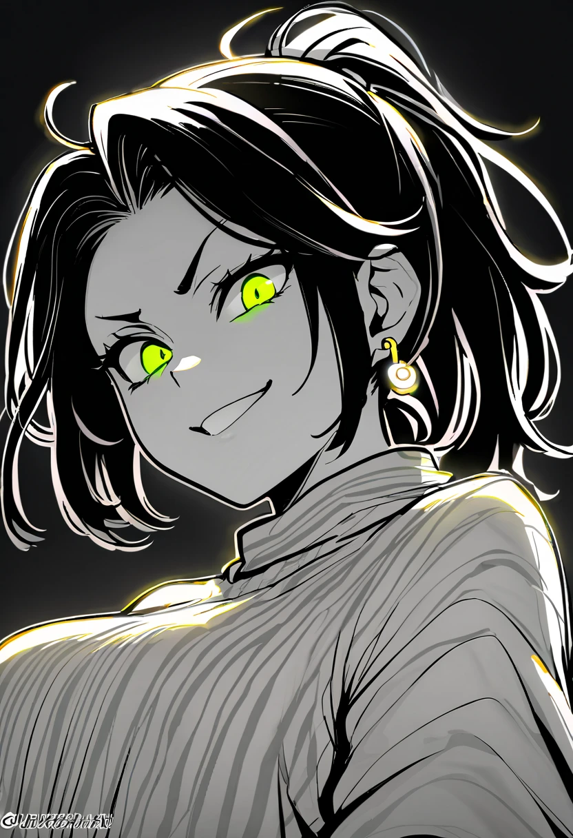 masterpiece, best quality, monochrome, greyscale, ebiblue, gesugao, kawakami mai, 1 woman, glowing green eyes, black hair, ponytail , (glowing eyes:0.5), earrings, smile, striped shirt, upper body, looking at viewer, (black background, simple background:1.3), white outline, spot colors, shaded face