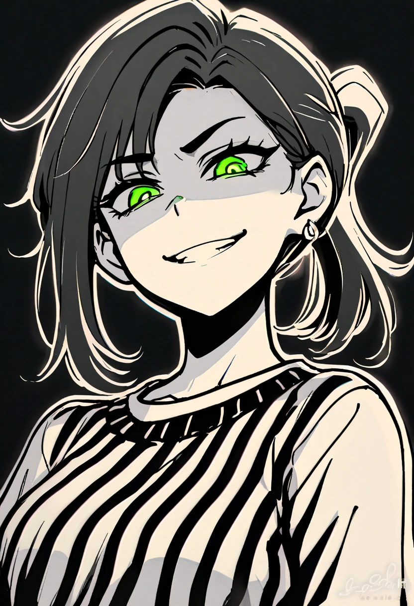 masterpiece, best quality, monochrome, greyscale, ebiblue, gesugao, kawakami mai, 1 woman, glowing green eyes, black hair, ponytail , (glowing eyes:0.5), earrings, smile, striped shirt, upper body, looking at viewer, (black background, simple background:1.3), white outline, spot colors, shaded face