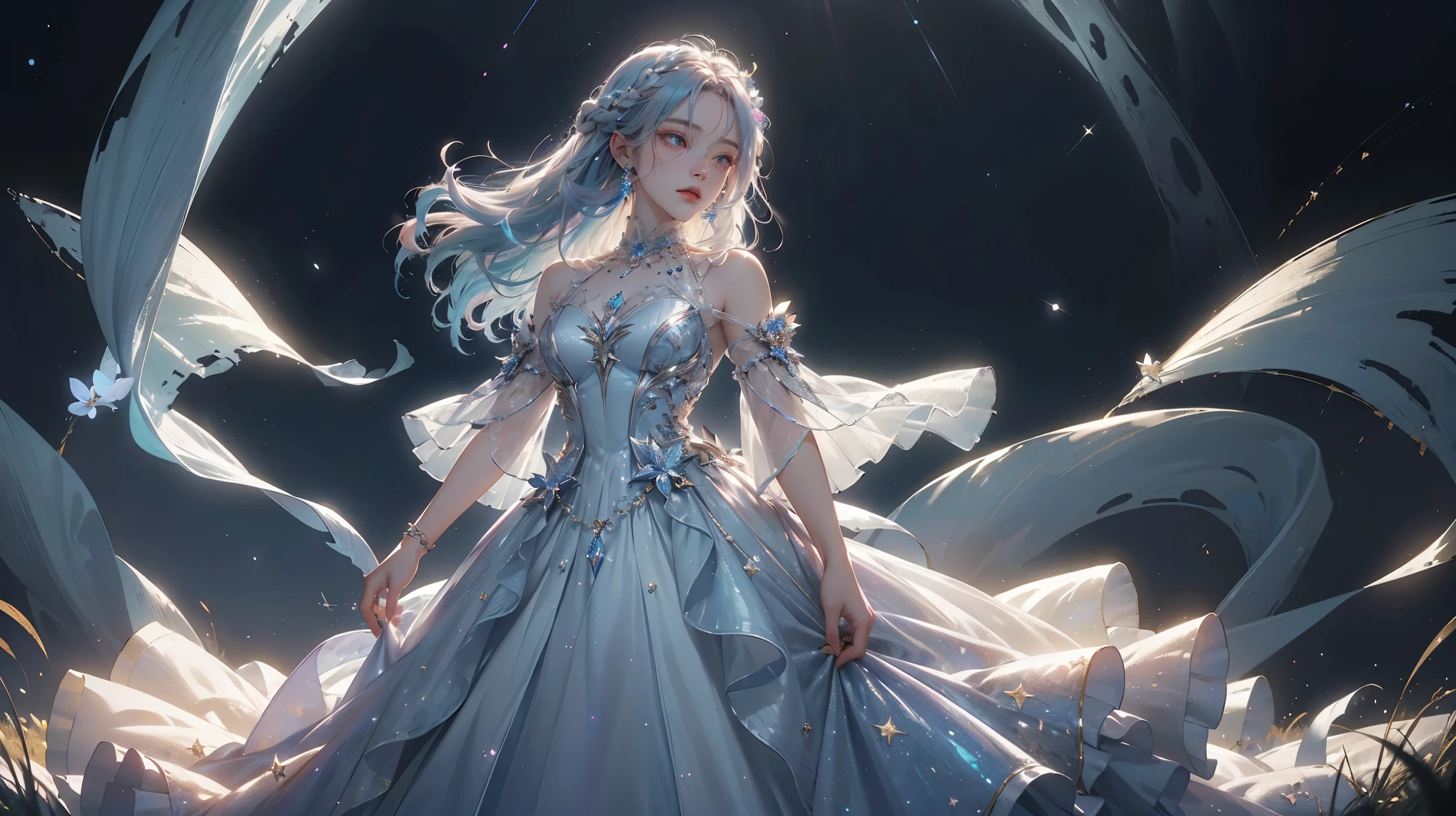 Diva , phantom, surrealism, white and blue hair, Dreamy Scenery , Choreography, Sleep Symphony, Twilight dress, Floating among dreams, uma mulher em um vestido prata andando em uma noite de Take the keys, uma Princess andando na floresta, shining sky, twinkling stars, Take the keys, flowers in the moonlight, a girl in a beautiful dress walking in the forest, Night Sky, Princess, Full moon starry sky, Late Night, subconscious lullaby, dreamlike arrangement scene, uma Moon in starry sky, magic air, spectrum, Moon in starry sky, Neck strap,Unit , woman in universe, woman floating in space, goddess, powerful woman, Woman in a dress , flashlights surround the woman, flashlights surround the woman, Woman in a dress , mulher se armor, Colored hair, armor, mulher de armor, Colored hair diferentes, Black-haired woman, Princess de cabelos escuros