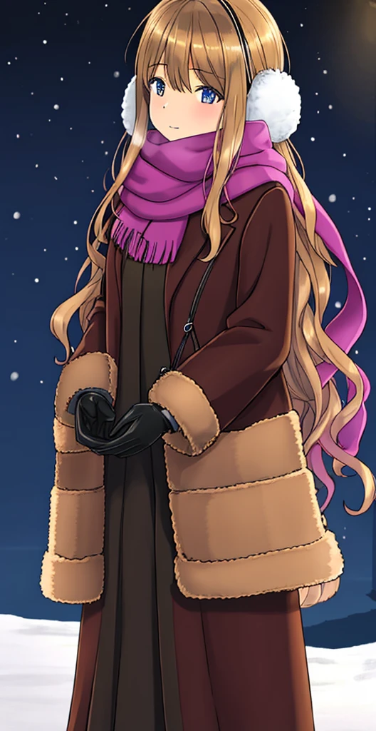 Clothes: Scarf wrapped around, thick fluffy sweater, fleece long skirt, fluffy earmuffs,gloves. Location: Standing on a hill illuminated by street lights,little snow falling.((Anatomically correct)).(Highest quality).(High resolution).Sharpness of colors.(One Person).