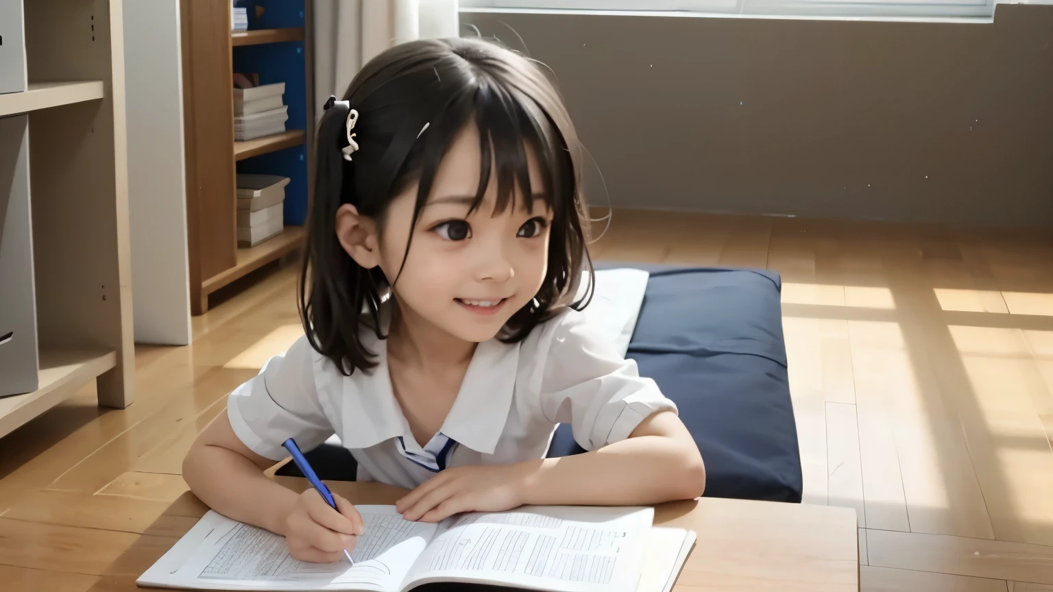 cute completely naked small primary school girl doing her homework, seen from the side, smiling, full petite body visible