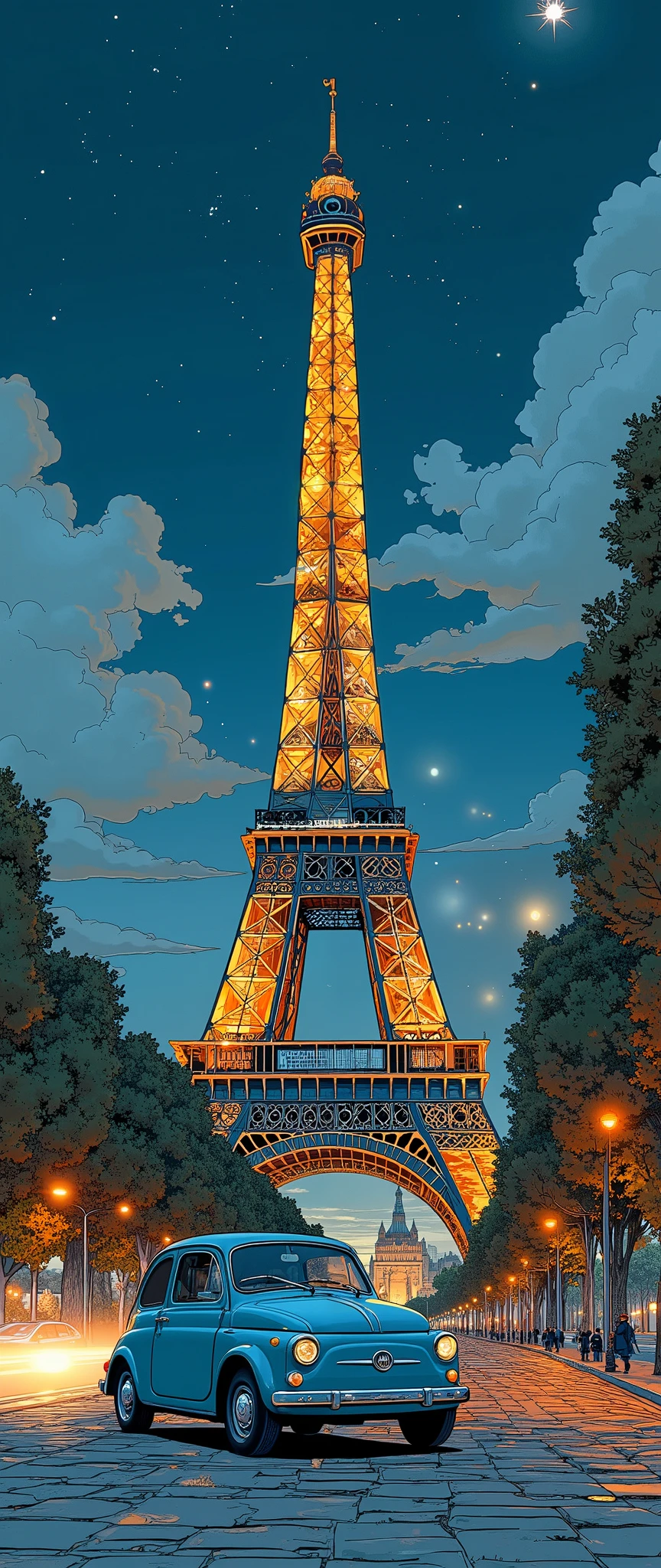 (masterpiece:1.2,  top quality),(  very detailed),  anime style,8k,16k, wallpaper,(Fiat 500:2.0), A Beautiful Night Sky ,(France:2.0),(Arc de Triomphe:2.0),( dynamic :2.0)