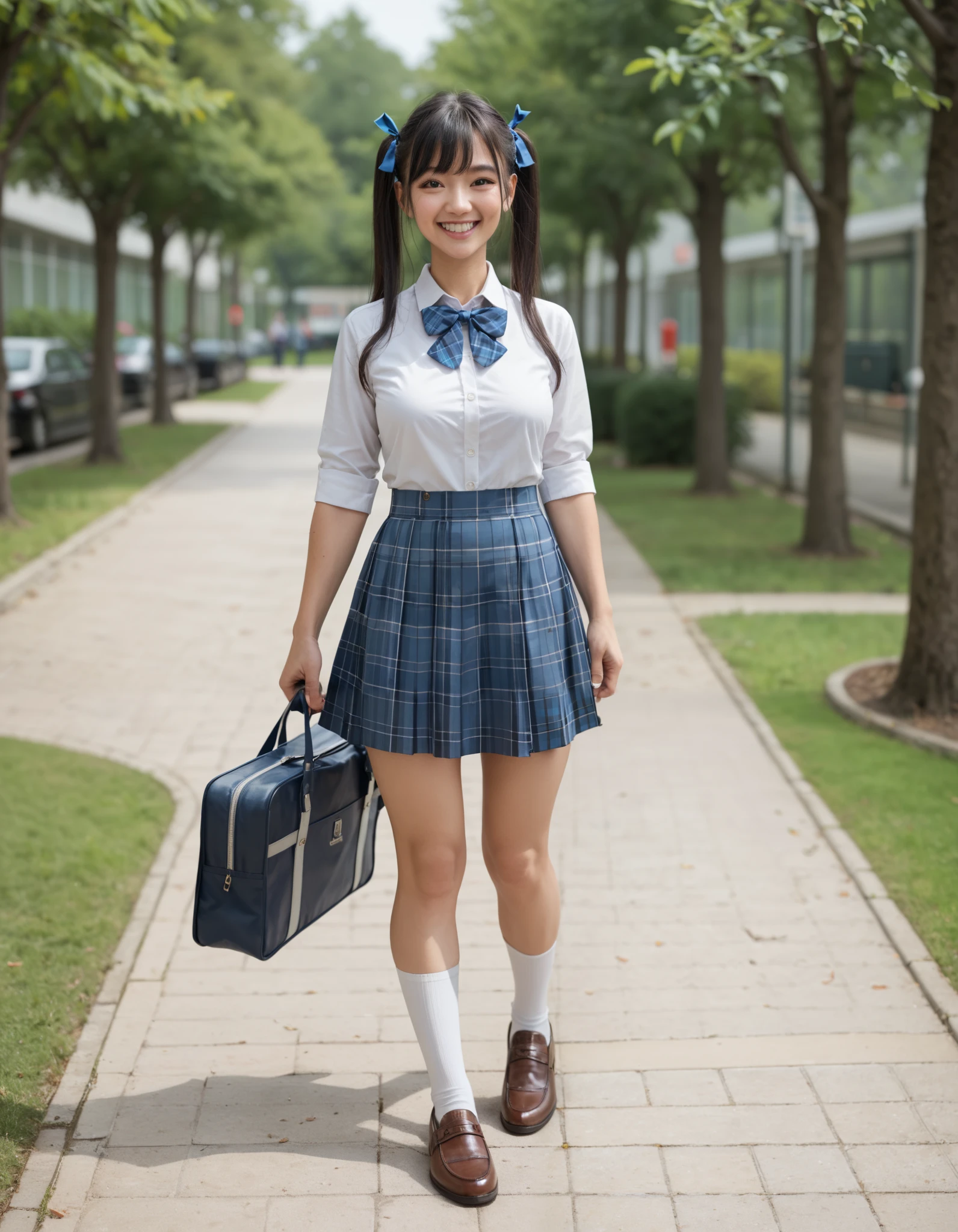 masterpiece, best quality, highly detailed, ultra high res, 1girl, smile, happy, black hair, twintail, hair ribbon,  medium breasts, wearing white collared shirt, blue bowtie, plaid skirt, blue plaid skirt, standing, fullbody, wearing white socks, brown shoes, outdoor, park, school bag, blue bag