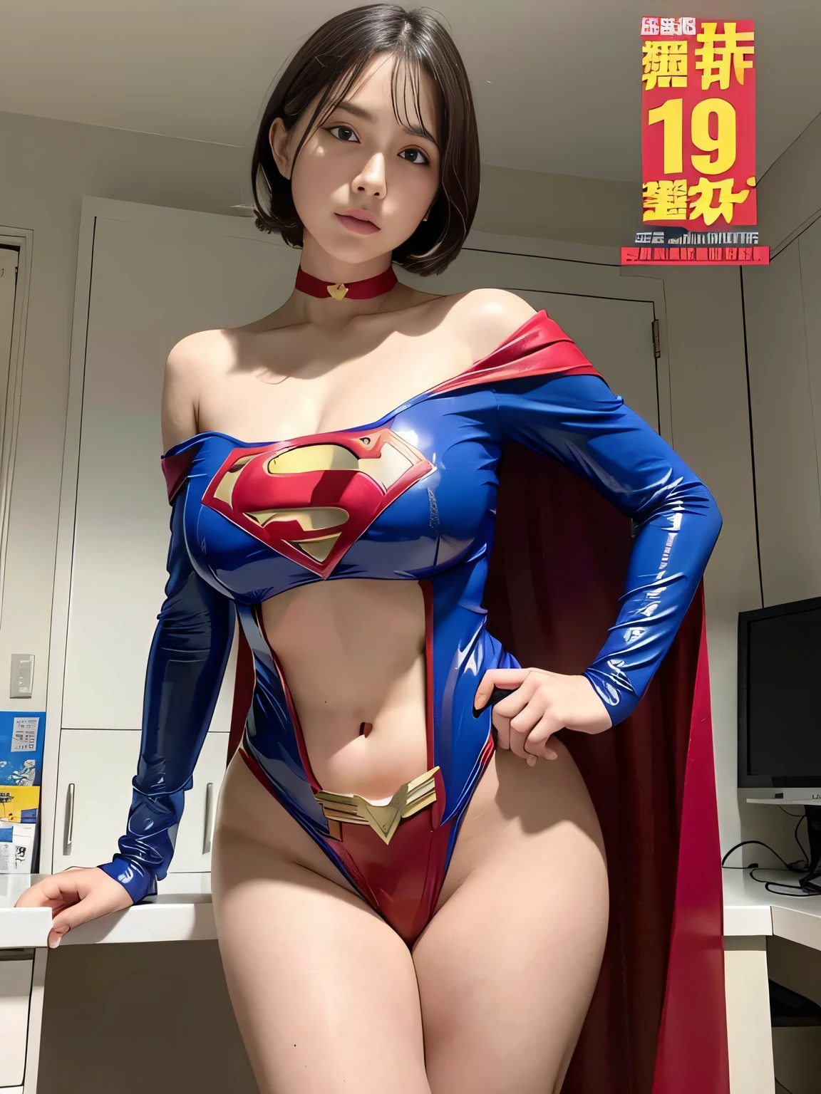 masterpiece、Latex Supergirl Costume、short hair、operating table、Patent leather boots、Big and ample breasts、choker、Long sleeve、Red mini skirt、Looking at the camera、Off the shoulder、Boasting beautiful legs、Weekly magazine cover、