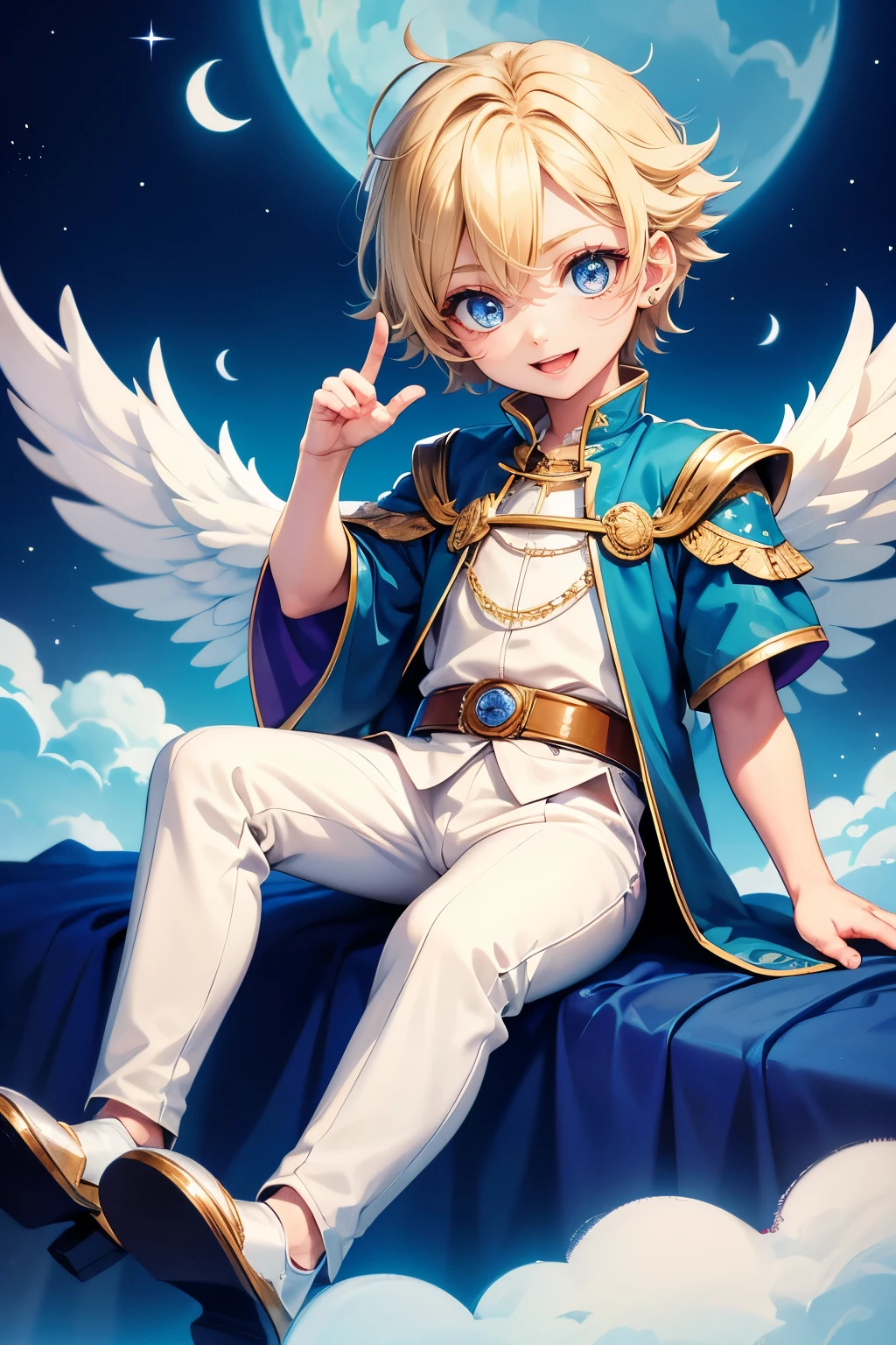 A Chibi boy, cute character , Boy gender male, blonde with blue eyes, with white wings on its back, dressed in prince's clothes, medieval clothes , fancy, sitting on a cloud