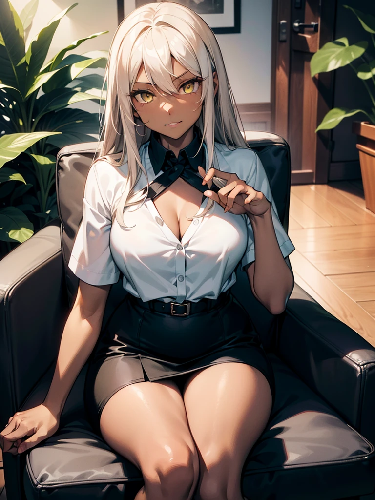 (​masterpiece、top-quality、hight resolution、Unity 8k、extremely details CG:1,Best Picture), ((1girl, porn star)),Grey hair, yellow eyes,((((dark skin)))), Emphasis on cleavage, "A confident young woman sitting in a brightly lit interview room with a casual and welcoming atmosphere. She is dressed in smart-casual attire, such as a fitted blouse and trousers or a pencil skirt, conveying a poised yet approachable demeanor. The background features indoor plants and tasteful decor, creating a neutral and comfortable setting.
Her facial expression exudes self-assurance, with a small, knowing smirk on her lips and relaxed eyes that subtly show control and ease. Her posture is casual yet commanding—one leg crossed over the other, and one hand resting on the armrest of the chair while the other gently touches her chin in a thoughtful gesture. She speaks in a calm, controlled manner, radiating confidence, as though she knows exactly what to expect from the situation and is entirely unphased by it."