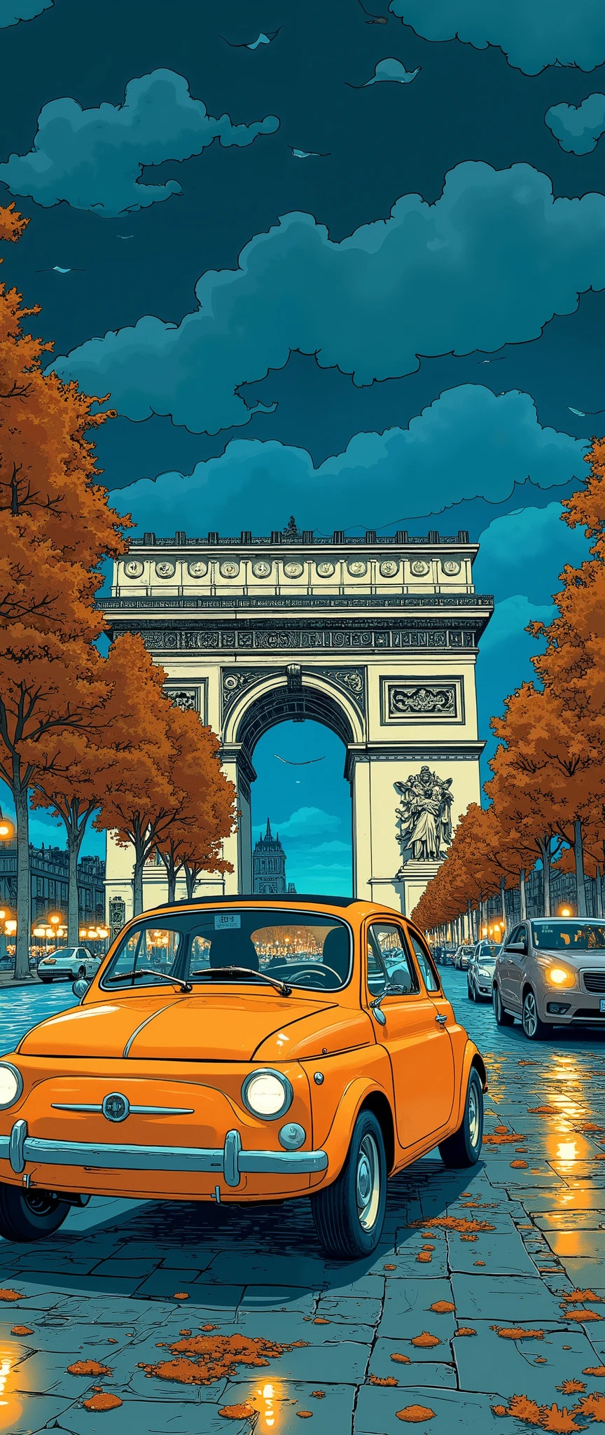 (masterpiece:1.2,  top quality),(  very detailed),  anime style,8k,16k, wallpaper,(Fiat 500:2.0), A Beautiful Night Sky ,(France:2.0),(Arc de Triomphe:2.0),( dynamic :2.0)