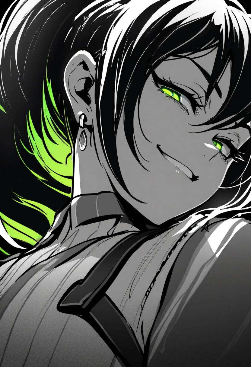 masterpiece, best quality, monochrome, greyscale, ebiblue, gesugao, kawakami mai, 1 woman, glowing green eyes, black hair, ponytail , (glowing eyes:0.5), earrings, smile, striped shirt, upper body, looking at viewer, (black background, simple background:1.3), white outline, spot colors, shaded face