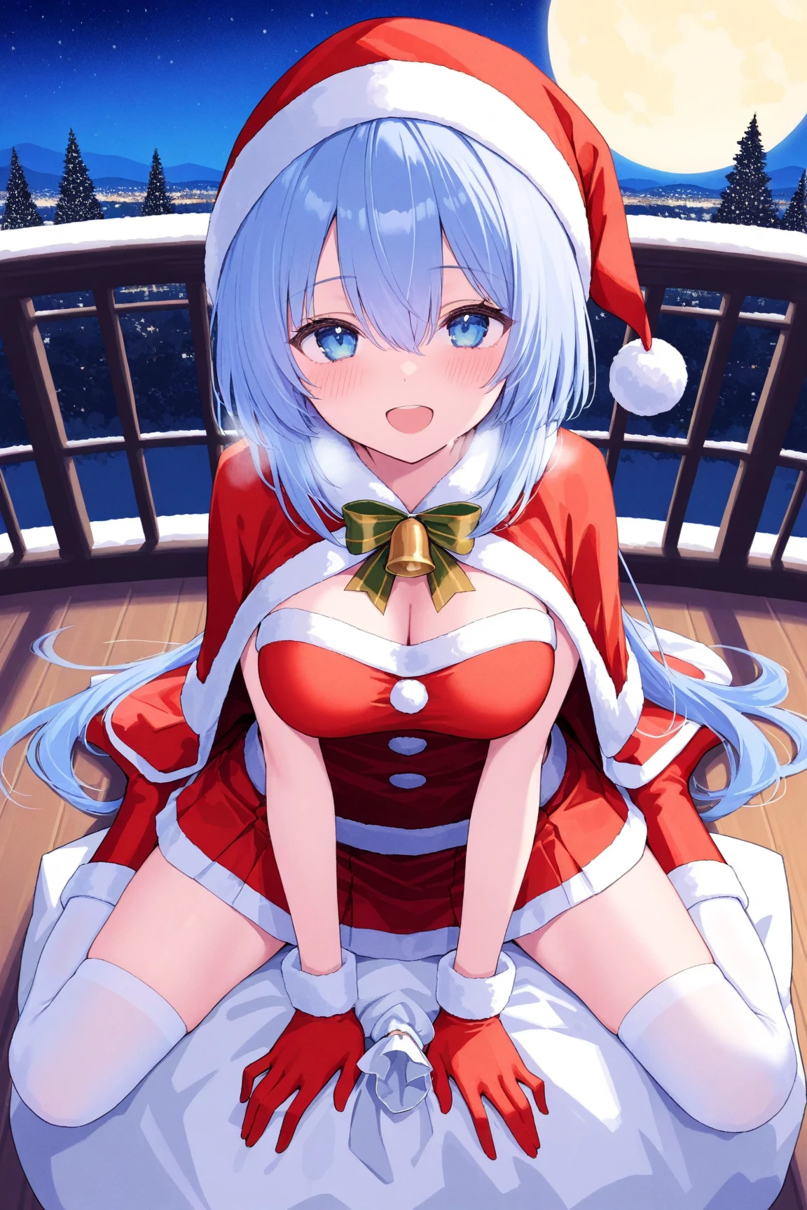 nsfw,1 girl, game CG, topless Santa Claus costume, short skirt, cleavage visible, string hair ribbon, gigantic breasts, light blue hair, middle hair, two side up, blue eyes, Christmas background,embarrassing,