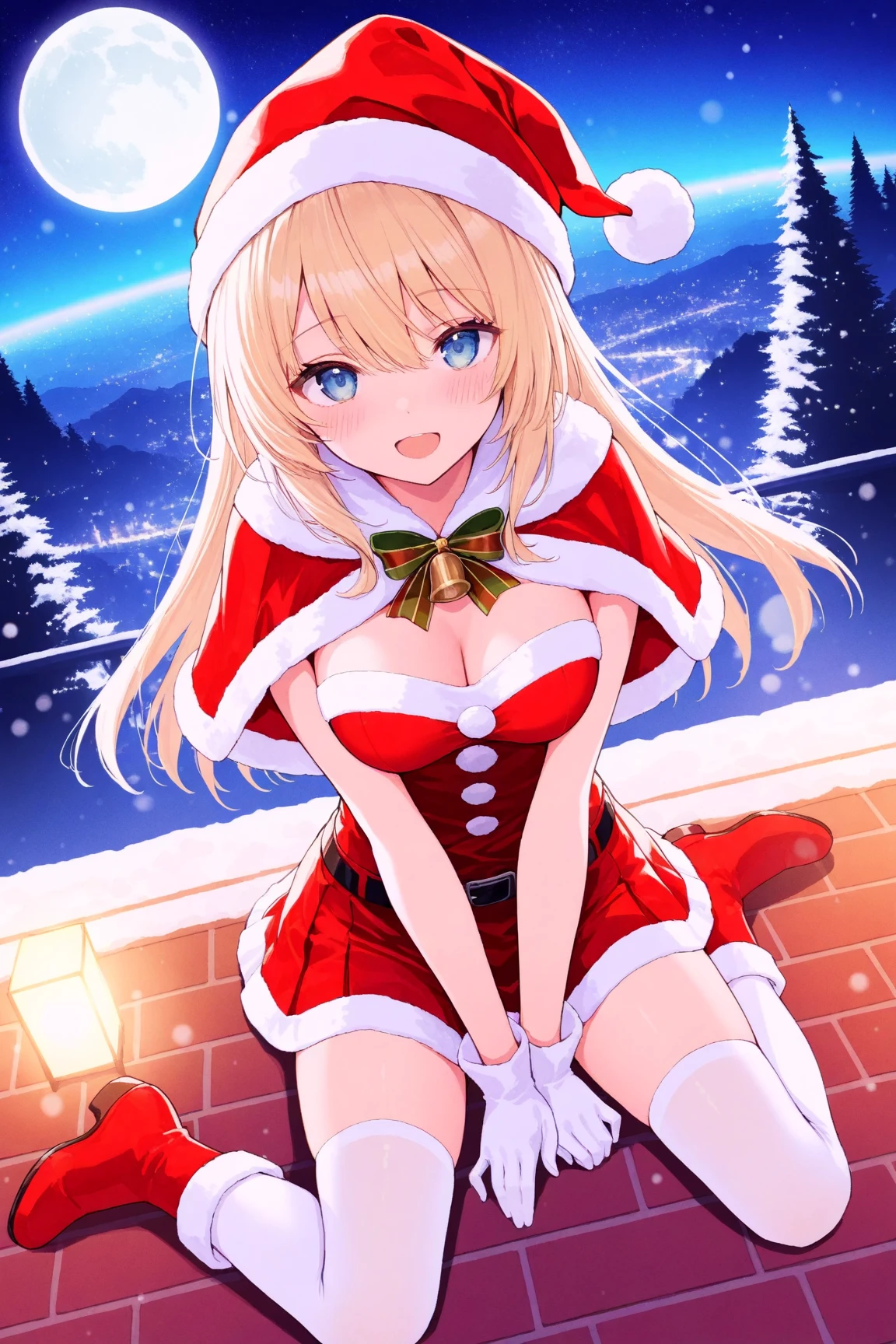 1 Girl,sitting,santa costume,mini skirt,winter gloves,front view,straight-on,looking at viewer,from above,full body,laugh,open eyes,open mouth,blush,winter,night,moon,masterpiece,best quality,ultra detailed,8k portrait,unity 8k wallpaper,super fine illustration