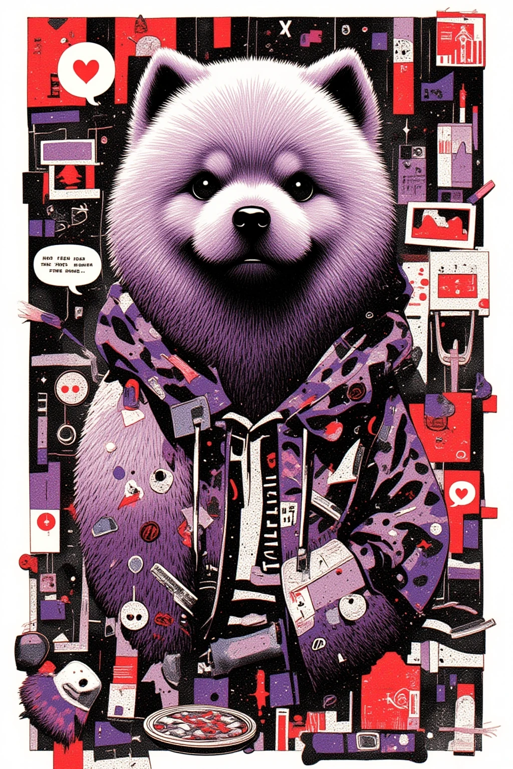   A chow chow with an adorable face says 「Pow wow 」,black,white, purple ,red, surreal collage,a contemporary artistic collage,collage artwork,  the jacket on the new album  ,  Great Job  !! ,digital collage、(collage ),collage art,contemporary collage,mixed media collage,  surreal +       has high definition  ,  surreal style,  convertible、     calls it the inner world of the autism spectrum,  see here  ,pop collage, pop art , Dog Food ,bone,Lock