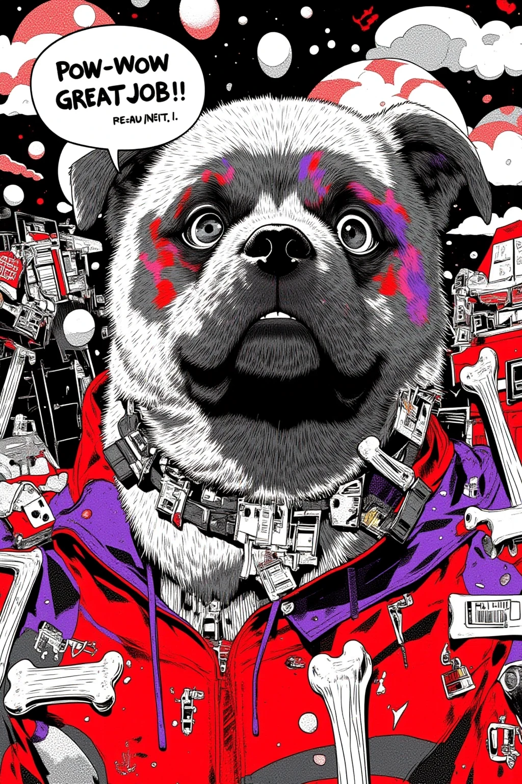   A chow chow with an adorable face says 「Pow wow 」,black,white, purple ,red, surreal collage,a contemporary artistic collage,collage artwork,  the jacket on the new album  ,  Great Job  !! ,digital collage、(collage ),collage art,contemporary collage,mixed media collage,  surreal +       has high definition  ,  surreal style,  convertible、     calls it the inner world of the autism spectrum,  see here  ,pop collage, pop art , Dog Food ,bone,Lock