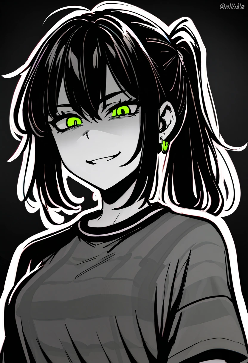 masterpiece, best quality, monochrome, greyscale, ebiblue, gesugao, 1 woman, glowing green eyes, black hair, ponytail , (glowing eyes:0.5), earrings, smile, striped shirt, upper body, looking at viewer, (black background, simple background:1.3), white outline, spot colors, shaded face