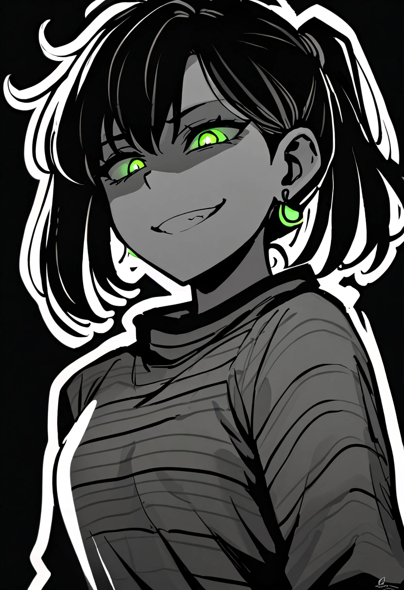 masterpiece, best quality, monochrome, greyscale, ebiblue, gesugao, 1 woman, glowing green eyes, black hair, ponytail , (glowing eyes:0.5), earrings, smile, striped shirt, upper body, looking at viewer, (black background, simple background:1.3), white outline, spot colors, shaded face