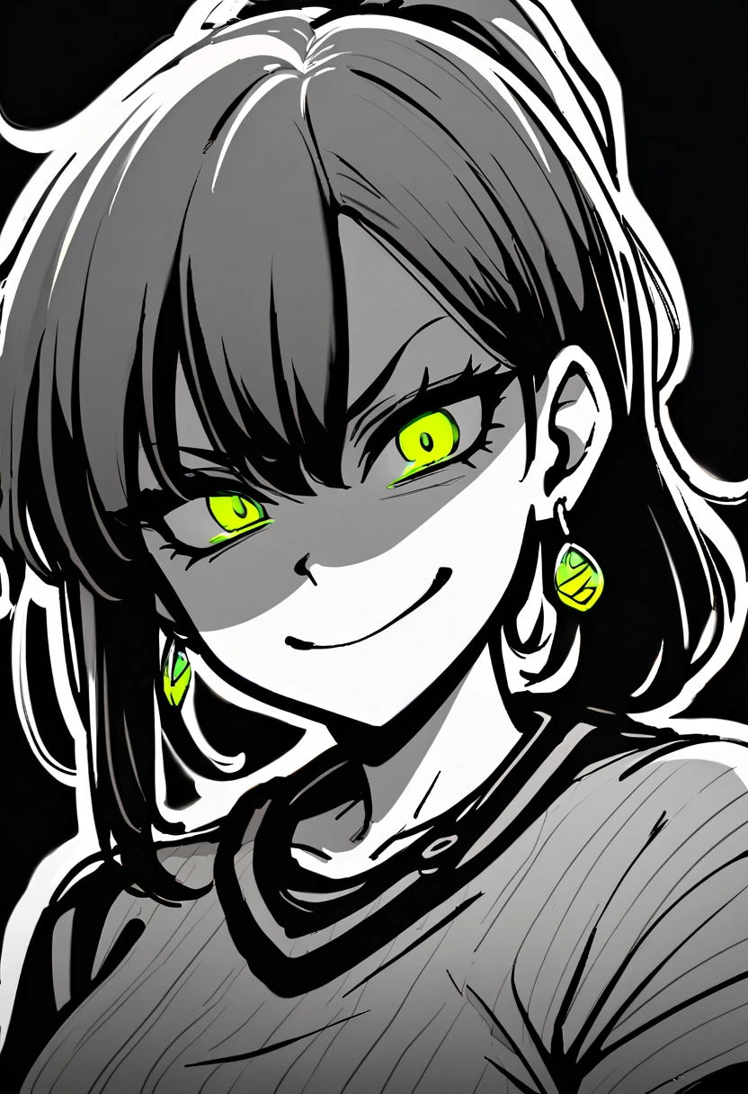 masterpiece, best quality, monochrome, greyscale, ebiblue, gesugao, 1 woman, glowing green eyes, black hair, ponytail , (glowing eyes:0.5), earrings, smile, striped shirt, upper body, looking at viewer, (black background, simple background:1.3), white outline, spot colors, shaded face