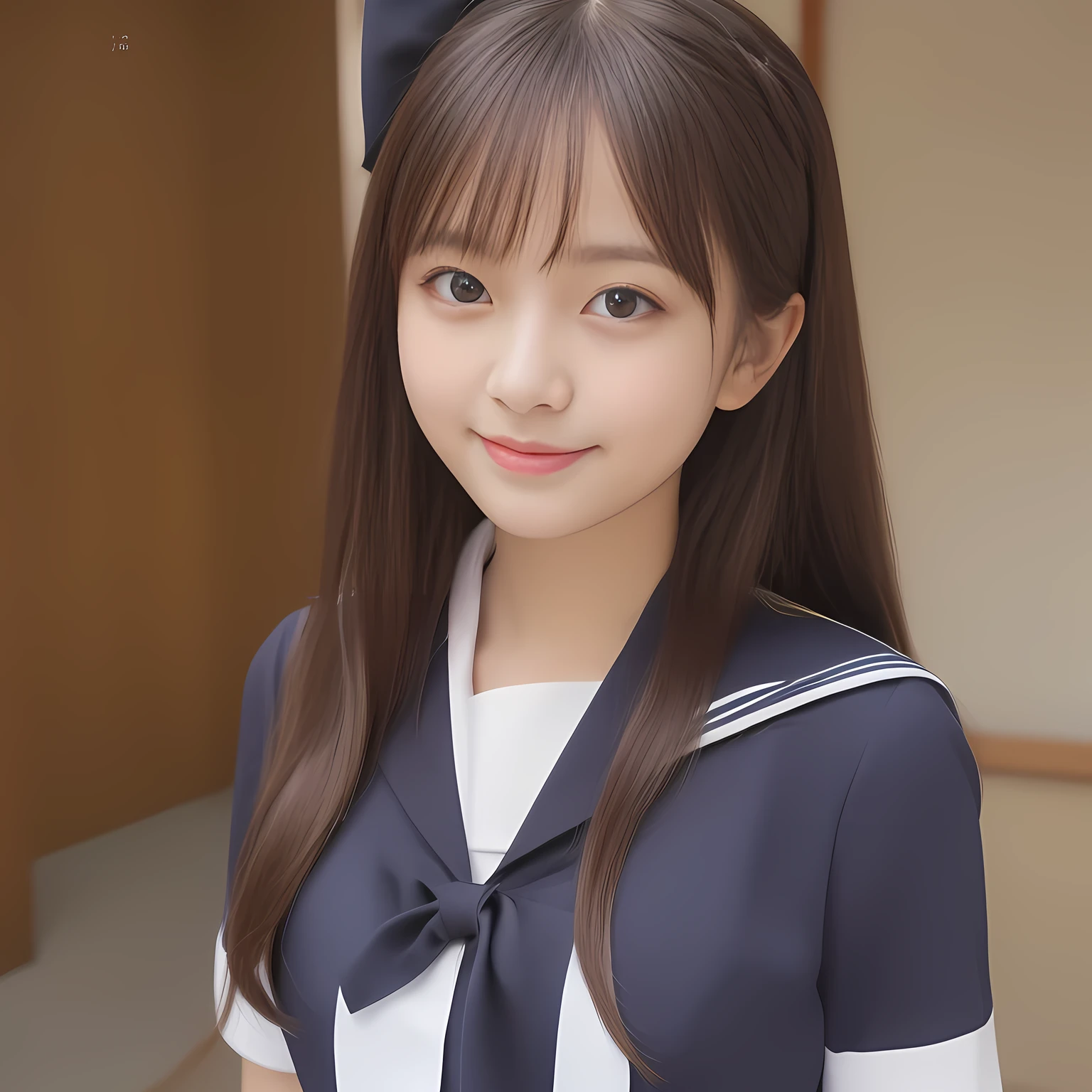 (Highest quality, masterpiece:1.2), Highest quality, High resolution, 1080P, 8k, (Super-pretty long hair hair super-beautiful super-bewitching super-cute face navy-sailor-suit school-uniform pretty slender girl of most beautiful school-uniform girls photo magazine in Japan: 2.0), (bewitching smile), (clearly detailed photo focusing on girl's cuteness), (full body shot)