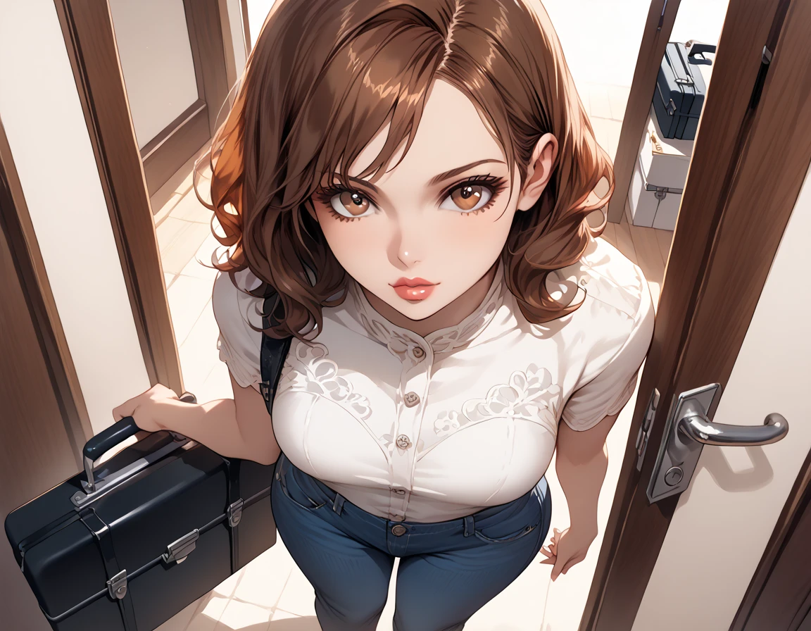 {{score_9, score_8_above, score_7_above, source_anime, Assessment_ sure}}  soft shading , 1 ,  reddish-brown hair, straight hair, lips,  brown eyes , wide hips, jeans pants, irritated, carrying a briefcase ,  standing at the front door ,  looking at the viewer.