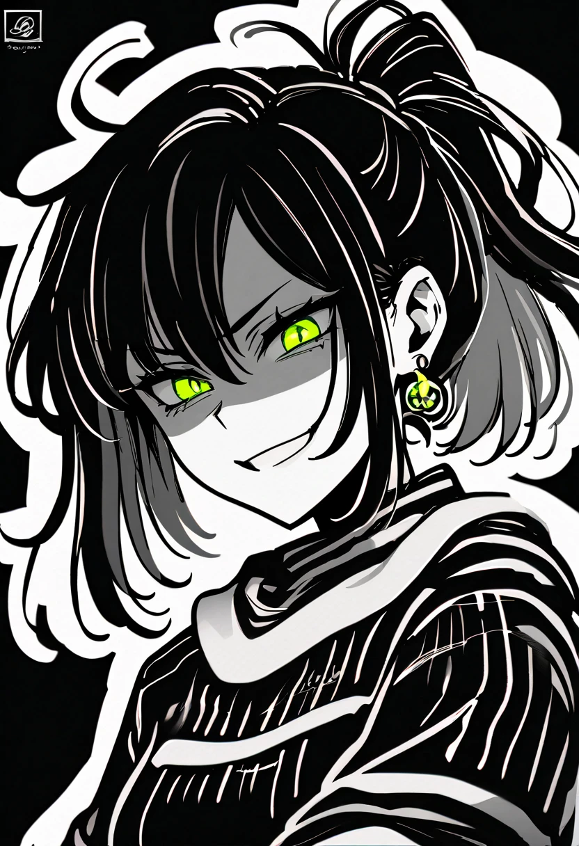 masterpiece, best quality, monochrome, greyscale, ebiblue, gesugao, 1 woman, glowing green eyes, black hair, ponytail , (glowing eyes:0.5), earrings, smile, striped shirt, upper body, looking at viewer, (black background, simple background:1.3), white outline, spot colors, shaded face