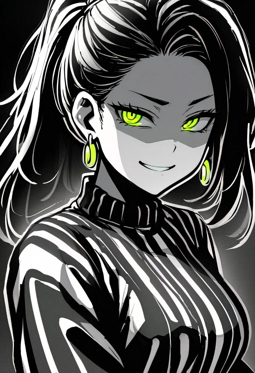 masterpiece, best quality, monochrome, greyscale, ebiblue, gesugao, 1 woman, glowing green eyes, black hair, ponytail , (glowing eyes:0.5), earrings, smile, striped shirt, upper body, looking at viewer, (black background, simple background:1.3), white outline, spot colors, shaded face