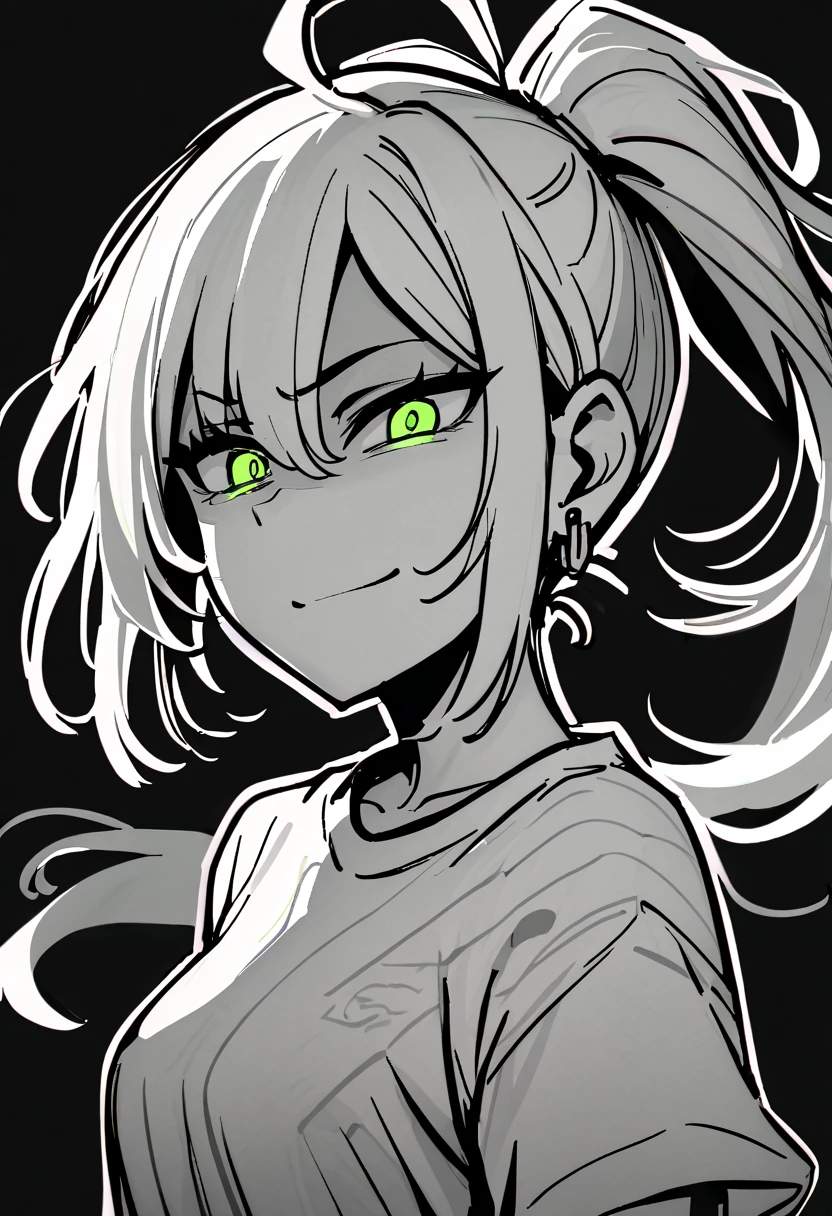 masterpiece, best quality, monochrome, greyscale, ebiblue, gesugao, 1 woman, glowing green eyes, black hair, ponytail , (glowing eyes:0.5), earrings, smile, striped shirt, upper body, looking at viewer, (black background, simple background:1.3), white outline, spot colors, shaded face