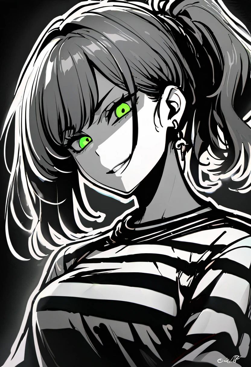 masterpiece, best quality, monochrome, greyscale, ebiblue, gesugao, 1 woman, glowing green eyes, black hair, ponytail , (glowing eyes:0.5), earrings, smile, striped shirt, upper body, looking at viewer, (black background, simple background:1.3), white outline, spot colors, shaded face