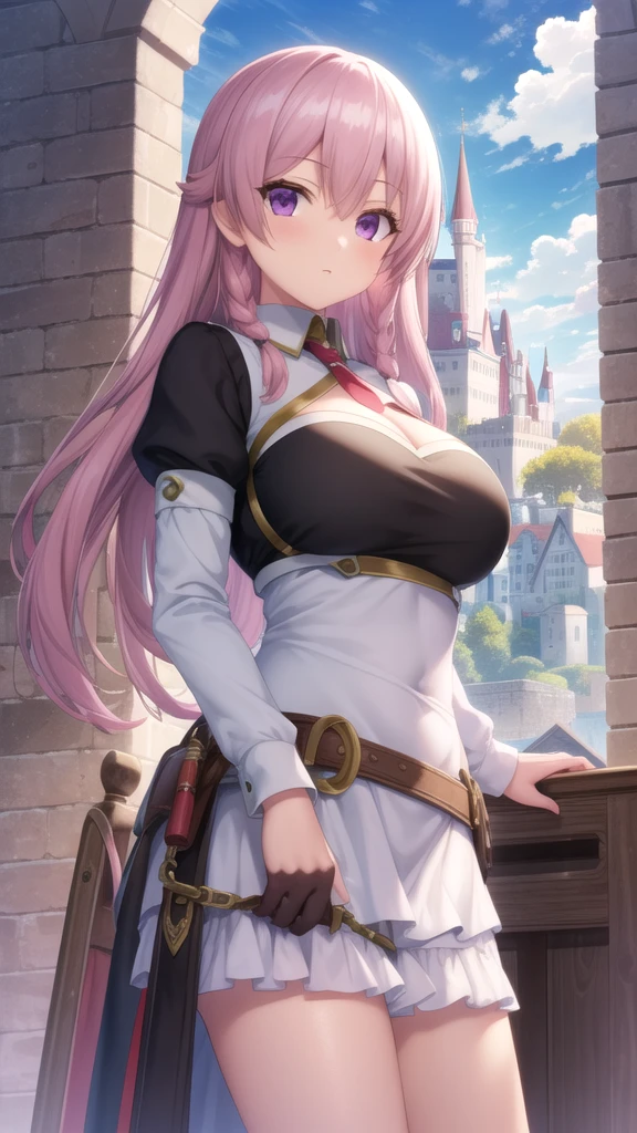 masterpiece, best quality, game cg, 1girl, solo, looking at viewer, ligne claire, , luna_heela, pink hair, purple eyes, , kerchief, The Castle of Shadows, 32k resolution