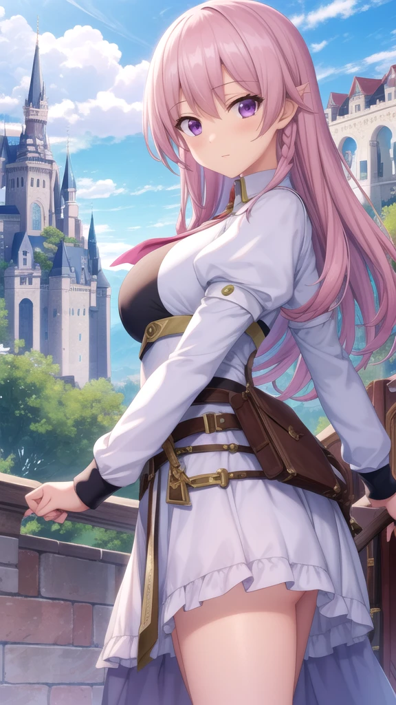 masterpiece, best quality, game cg, 1girl, solo, looking at viewer, ligne claire, , luna_heela, pink hair, purple eyes, , kerchief, The Castle of Shadows, 32k resolution