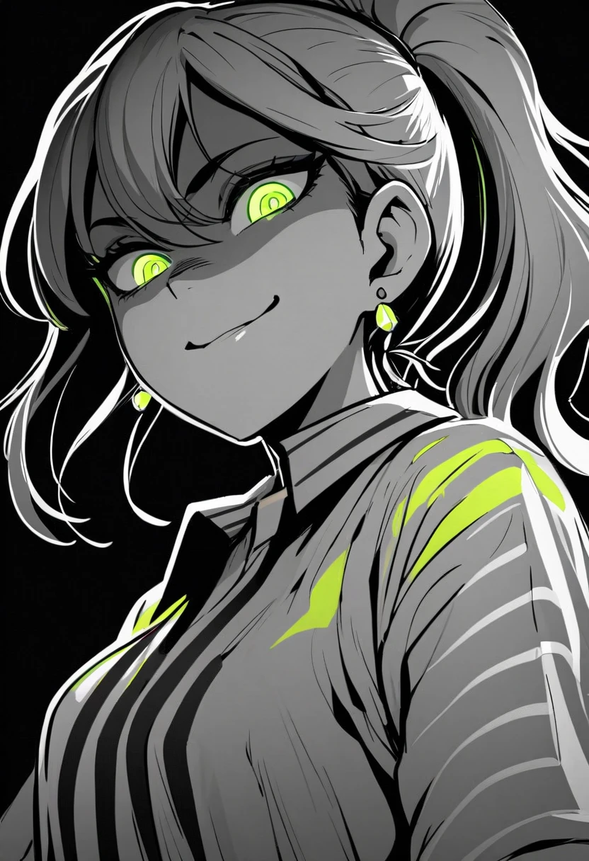 masterpiece, best quality, monochrome, greyscale, ebiblue, gesugao, 1 woman, glowing green eyes, black hair, ponytail , (glowing eyes:0.5), earrings, smile, striped shirt, upper body, looking at viewer, (black background, simple background:1.3), white outline, spot colors, shaded face