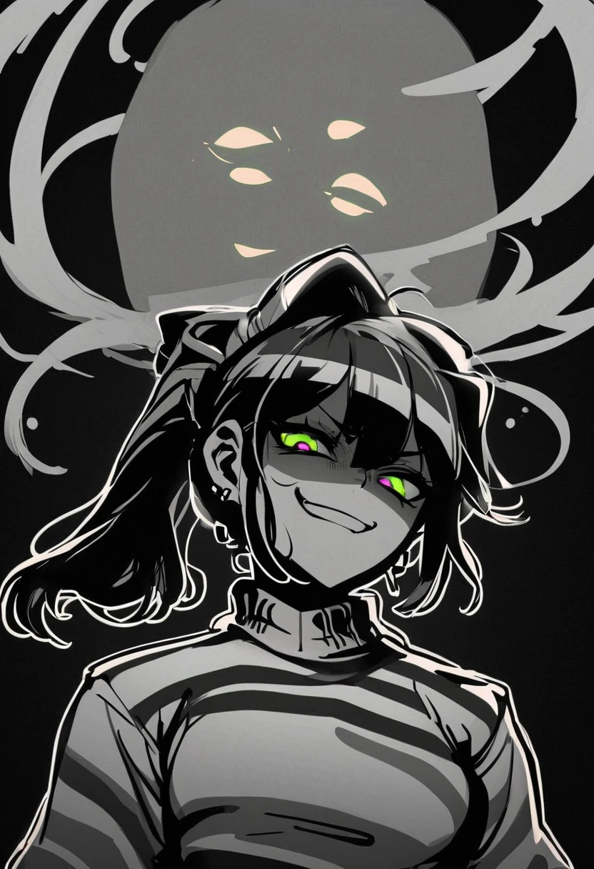 masterpiece, best quality, monochrome, greyscale, ebiblue, gesugao, 1 woman, glowing green eyes, black hair, ponytail , (glowing eyes:0.5), earrings, smile, striped shirt, upper body, looking at viewer, (black background, simple background:1.3), white outline, spot colors, shaded face