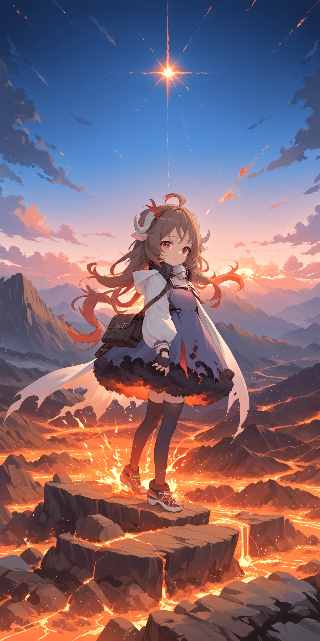 solo,1girl\((EyjafjallaBase):1.3, curled horns, ahoge, mask around neck, purple dress, white cape, fingerless gloves, black thighhighs,tears\).background\(beautiful red sparks,Lots of fireballs,(great eruption:1.3), lava,flare,(prominence),beautiful stardust\),(landscape:1.4),(dynamic angle:1.3).,dynamic angle. score_9, score_8_up, score_7_up, score_6_up, score_5_up, score_4_up, source_anime,source_furry,rating_safe,rating_questionable,masterpiece, best quality, perfect anatomy , very aesthetic , absurdres ,