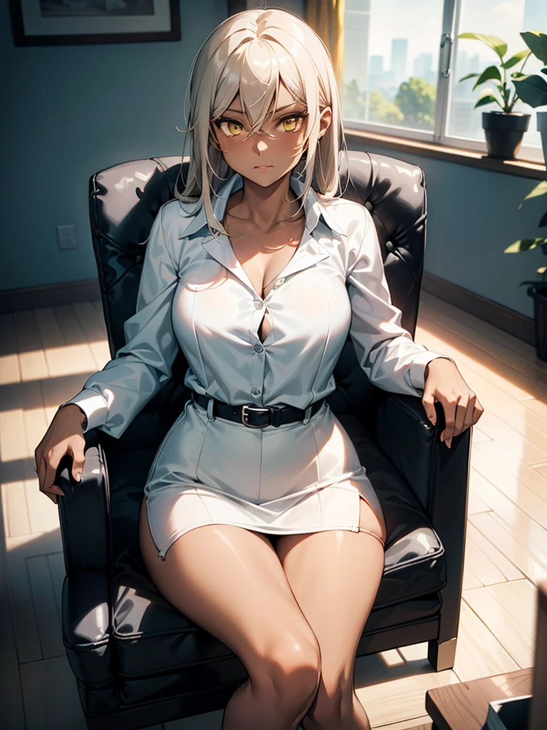 (​masterpiece、top-quality、hight resolution、Unity 8k、extremely details CG:1,Best Picture), ((1girl)),"a woman in an adult film shoot", Grey hair, yellow eyes,((((dark skin)))), Emphasis on cleavage, "A confident young woman sitting in a brightly lit interview room with a casual and welcoming atmosphere. She is dressed in smart-casual attire, such as a fitted blouse and trousers or a pencil skirt, conveying a poised yet approachable demeanor. The background features indoor plants and tasteful decor, creating a neutral and comfortable setting.
Her facial expression exudes self-assurance, with a small, knowing smirk on her lips and relaxed eyes that subtly show control and ease. Her posture is casual yet commanding—one leg crossed over the other, and one hand resting on the armrest of the chair while the other gently touches her chin in a thoughtful gesture. She speaks in a calm, controlled manner, radiating confidence, as though she knows exactly what to expect from the situation and is entirely unphased by it."