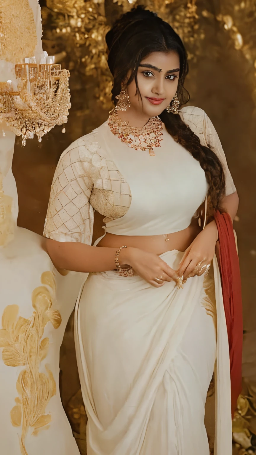 night scene, mahie gill, big cheeks, curvy, hourglass figure, wearing a violer kurti and white leggings, ponytail, necklace, red saree, seductive eyes, look at viewer and subtle smile, sultry, (cinematic:1.3), intricate details, (ArtStation:1.2)