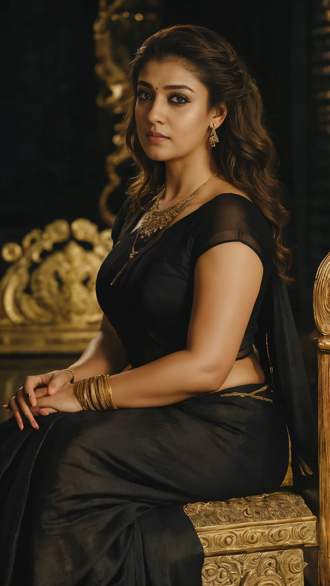 close up photo of nayanthara, sitting royal pose on throne in temple, wearing silk satin saree and black blouse, seductive eyes, sultry, French braid hair, black saree, necklace, (cinematic:1.3), intricate details, (ArtStation:1.2)