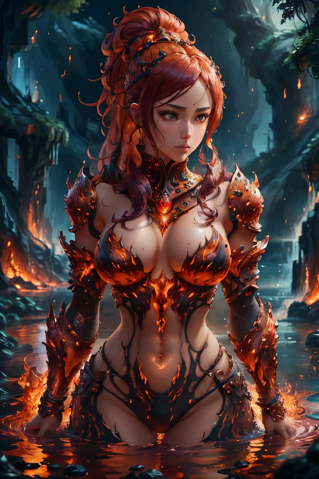 Beautiful Alluring female fire knight, Fantasy Theme, oily sweaty Skin, fire hair, armor made of fire and hot flowing lava, embers, fiery hair, fire for hair, metal bikini armor, Inside A Pool of magma and lava, Barely Clothed, Beautiful D&D Character Portrait, Beautiful Fantasy, Detailed, Digital Art, Extreme Detail, Polished, Beautiful, Hyperdetailed, Intricate, Elaborate, Meticulous, Anime Character, Detailed, Anime Face, Sharp Focus, Unreal Engine, 3d Rendered, Volumetric Lighting, Reflections, Glossy, Digital Illustration, Sensual Pose, Suggestive Pose, Full Body Shot, Lewd naked, naked, perky breasts, vissible nipples, puffy , anatomically correct 💖❤💕💋❣