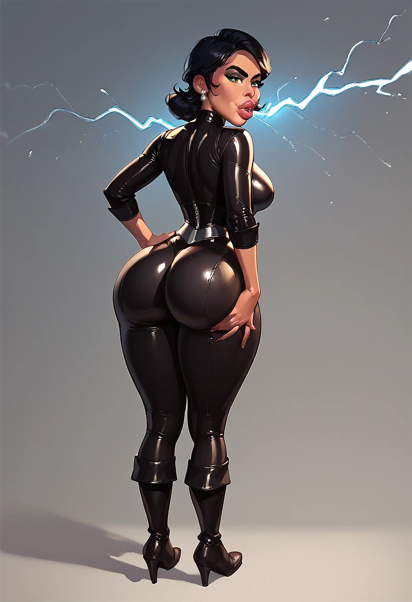 black super heroine with the power of lightning, white and curly hair, wears prescription glasses, large and perfect breasts, large and perfect butt, shapely legs and wears tight sexy clothes.