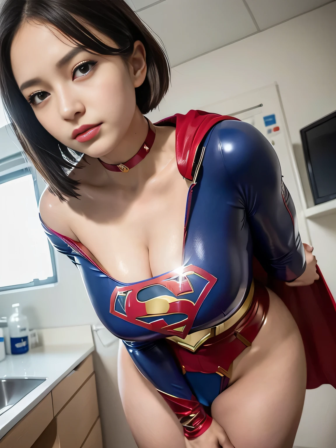 masterpiece、Enamel Supergirl Costume、Short Hair、Hospital operating table、Crisis situation、Big and ample breasts、looking at the camera、Shiny、Off the shoulder、choker、Long sleeve、Red exy poses to seduce、Sweaty、Model Body Type、Alluring、charm、Enchanting、abused、victim、