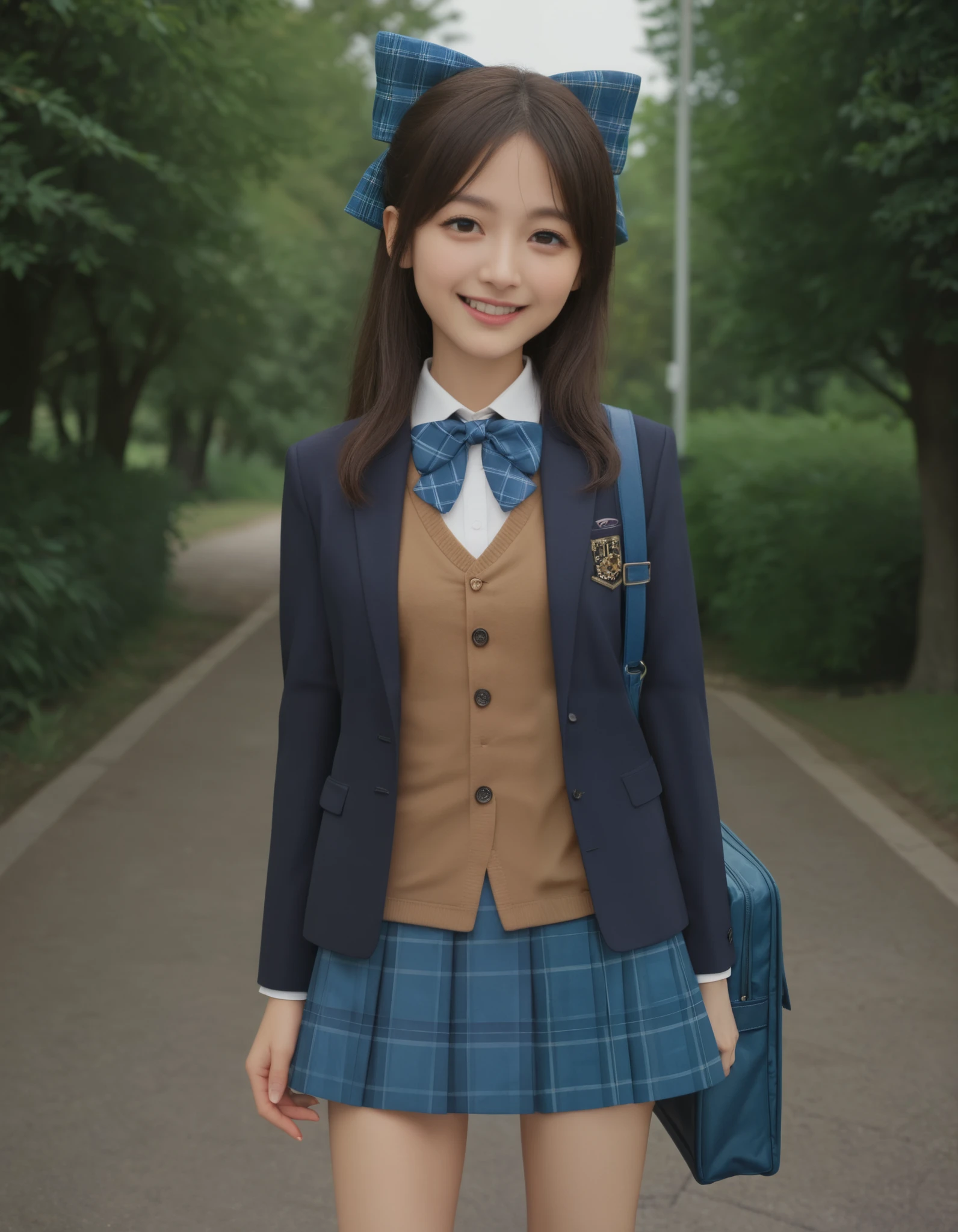 best quality,masterpiece,  realistic, 4k, best quality , 1girl, solo,tachibana arisu, brown hair, brown eyes, long hair, blue hair ribbon, bang, dark brown blazer, brown vest , white collared shirt, blue bowtie, blue plaid skirt, opened jacket, hair bow, holding school bag, blue bag, standing, outdoor, park, smile, cowboy shot
